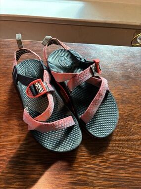 Chaco Pink-Patterned Strap Sandals with Black Footbed